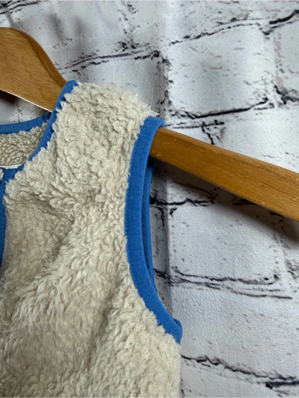 Baby Boden Cream Sherpa Vest with Blue Trim